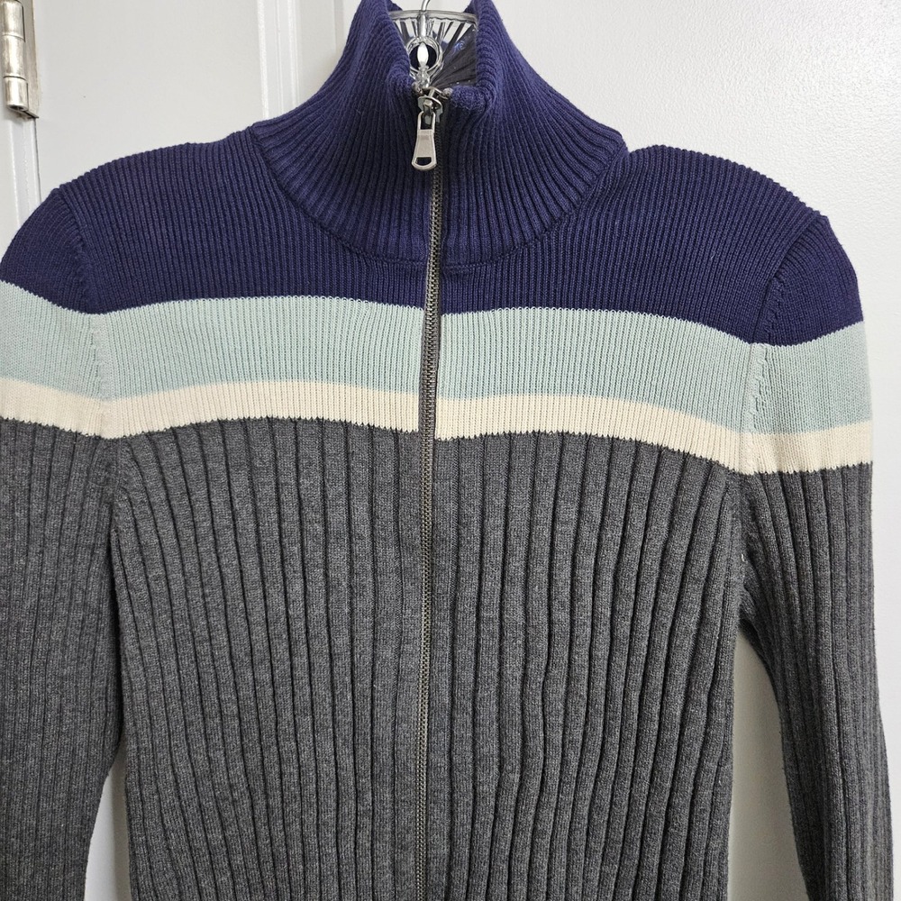 Eddie Bauer Sweater Womens Med Grey Blue Striped Full Zip Ribbed Cotton Cardigan